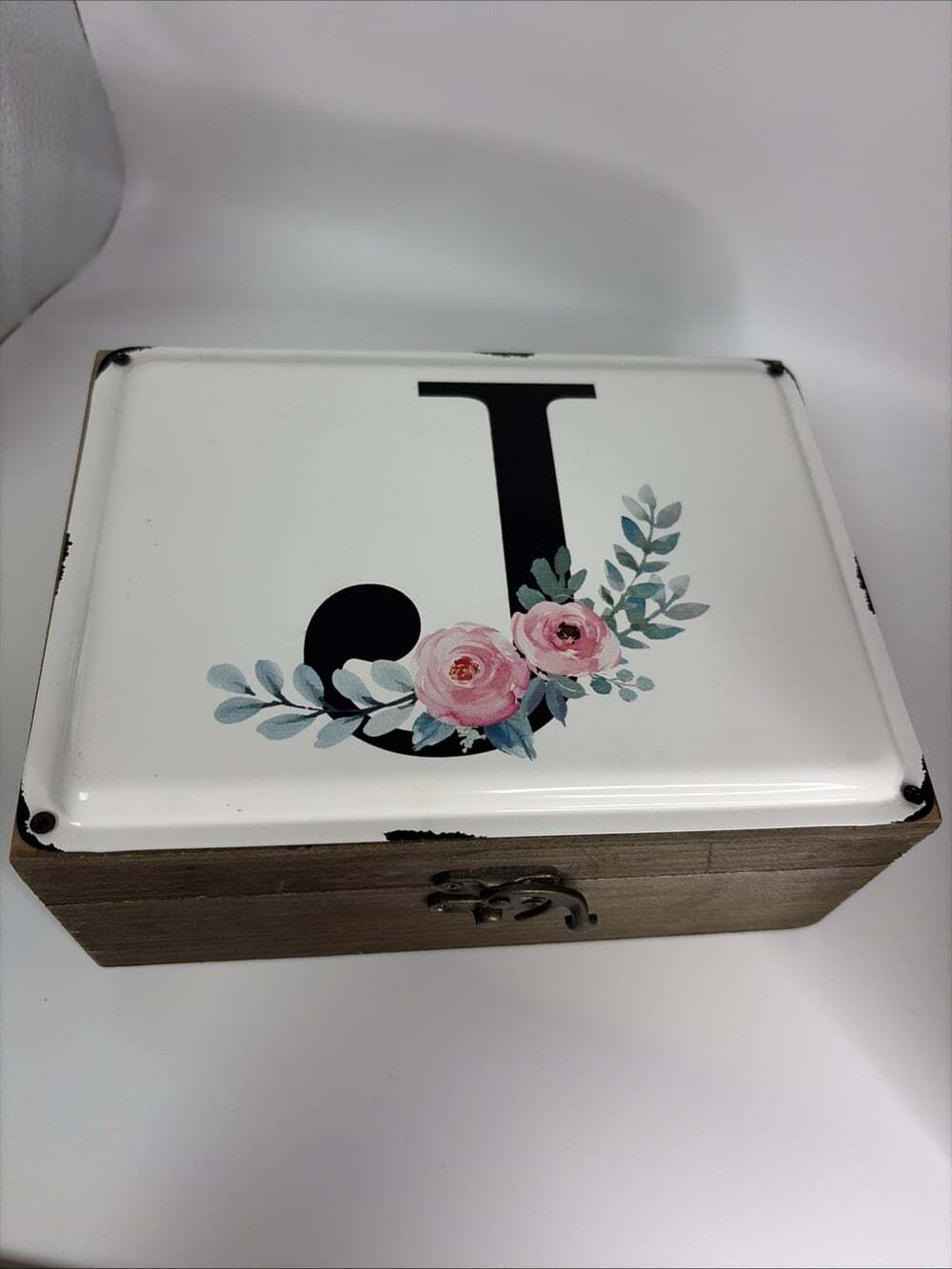 “J” Metal Floral Lid Wooden Keepsake Box  7.5”x5.5”x3.5”